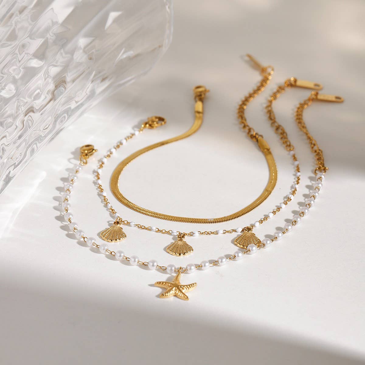 Pearl Starfish Pendant Necklace, 18K Gold Steel_CWAJE4691