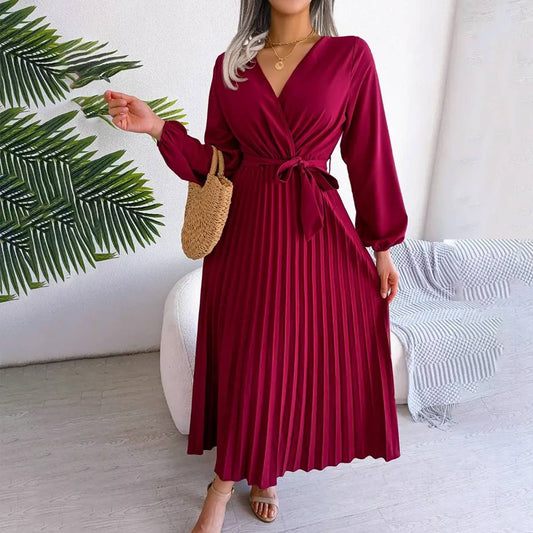 CROSSOVER V NECK PLEATED MAXI DRESS_CWDMD1174