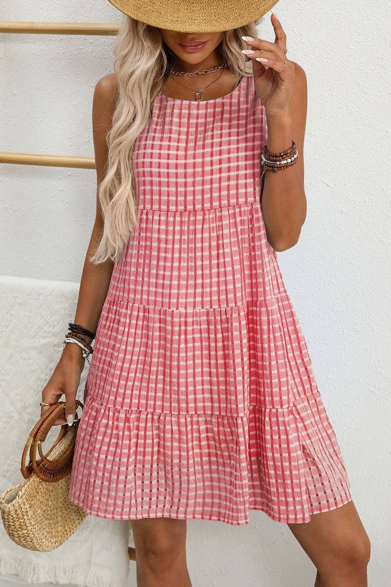 CWDSD8675_SLEEVELESS PLAID LOOSE FIT FLOWY DRESS