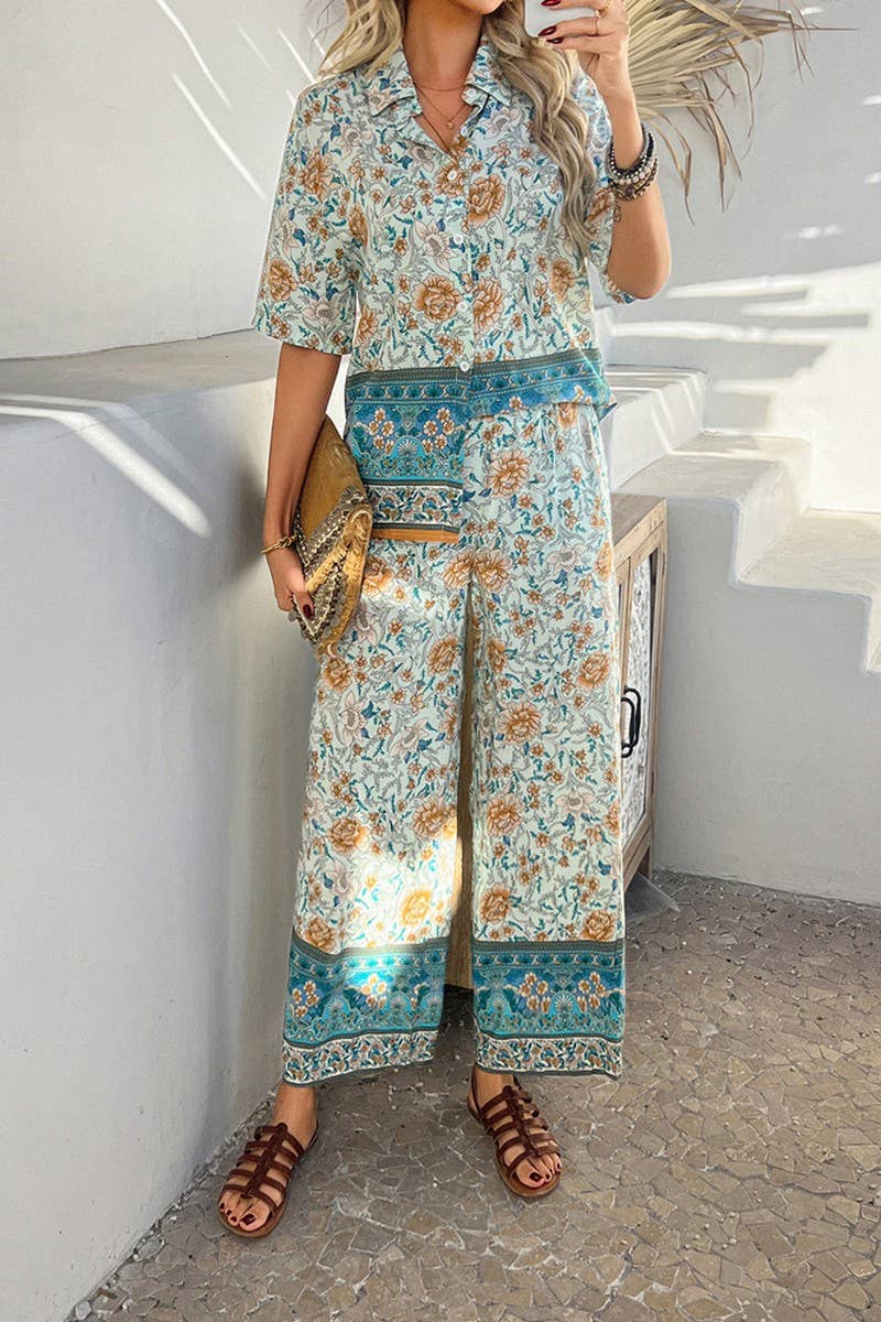 CWSS1190_CONTRAST COLOR PRINT SHORT SLEEVE LONG PANTS SUIT