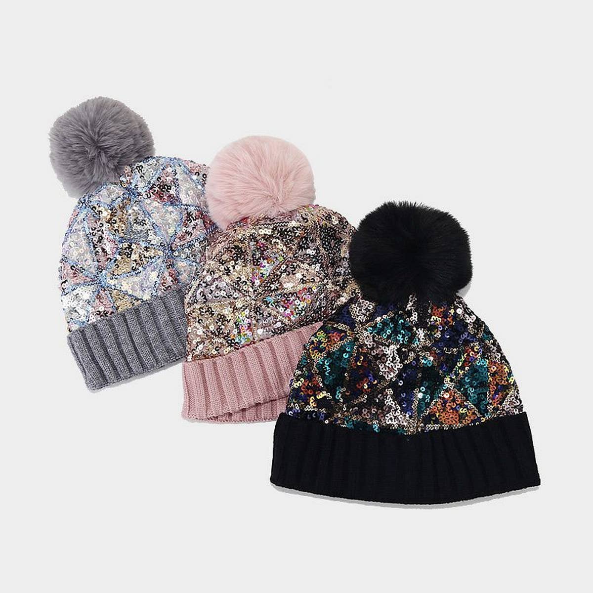 COLORFUL SEQUINED POM-POM KNITTED HAT_CWAH1613