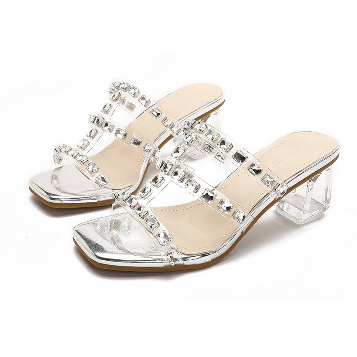 WEARING RHINESTONE STRAPPY HIGH HEELS