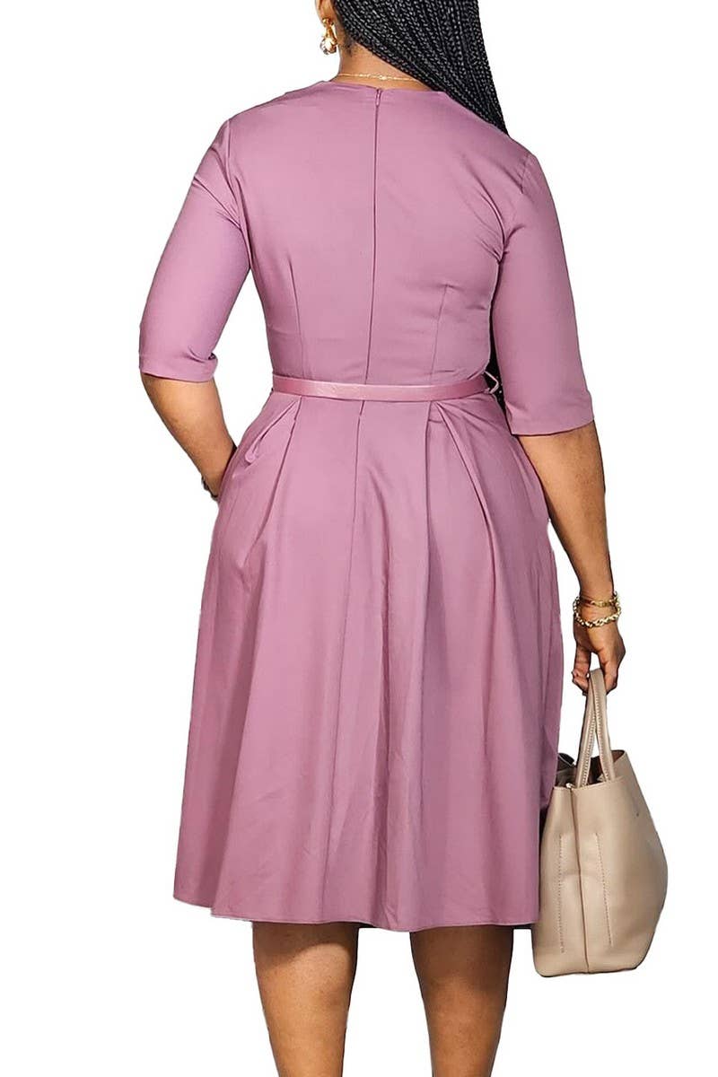 CWDMD01264_WOMEN ELEGANT COLOR MIDI DRESS HALF SLEEVE 2025