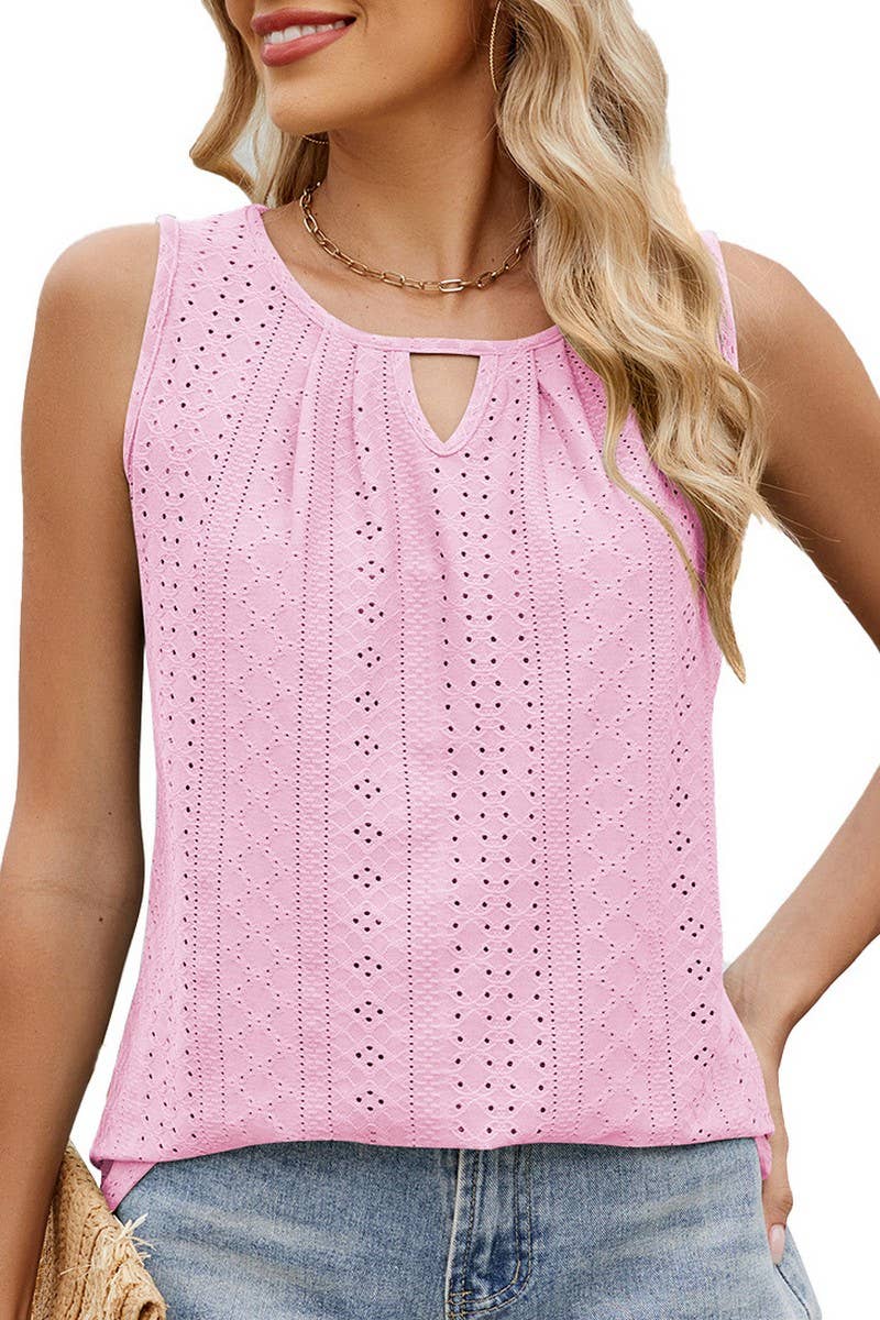 CWTBLSL0679_ROUND NECK CUTOUT PLEATED SLEEVELESS T-SHIRT TOP