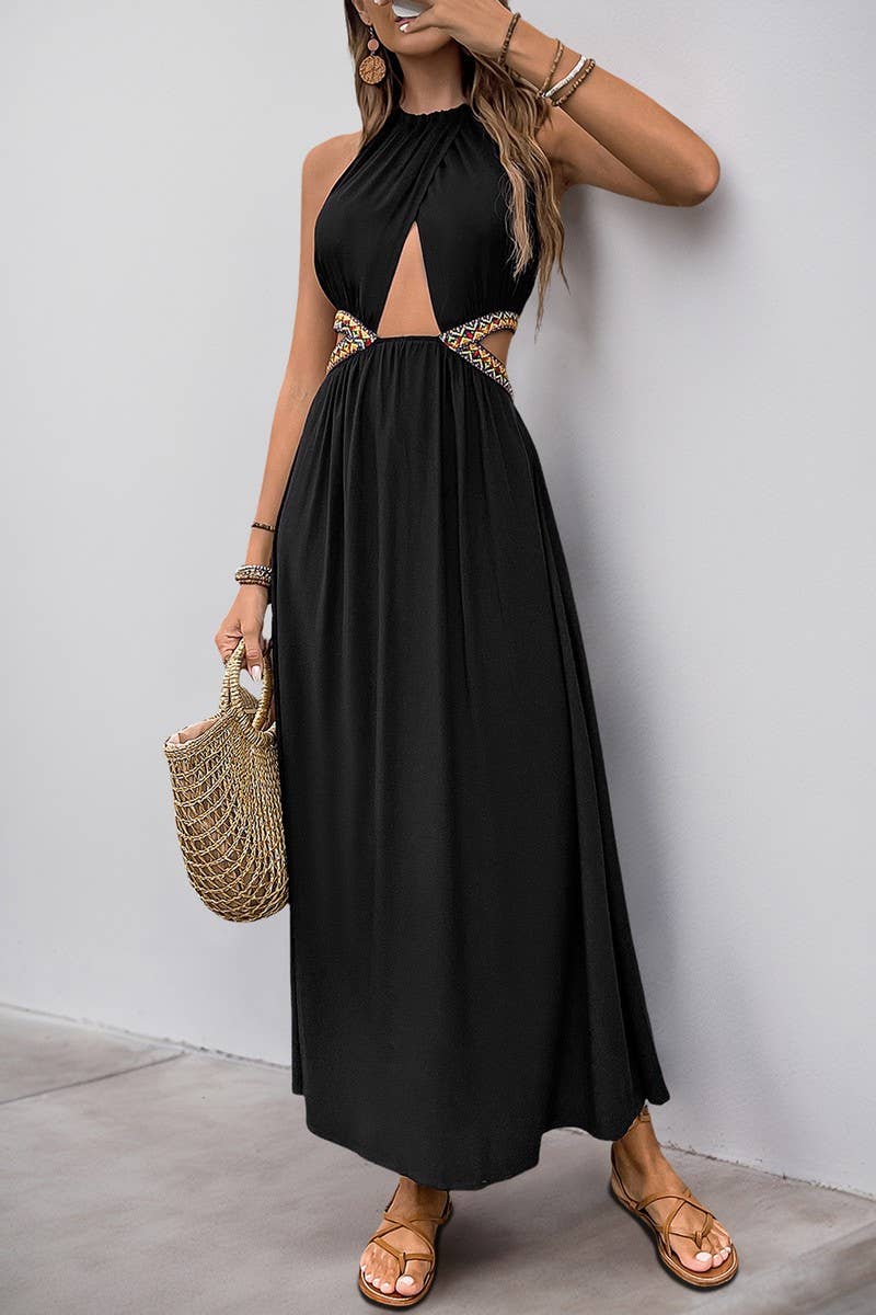 CWDHL0636_HOLLOW SLEEVELESS HOLIDAY STYLE HALTERNECK DRESS