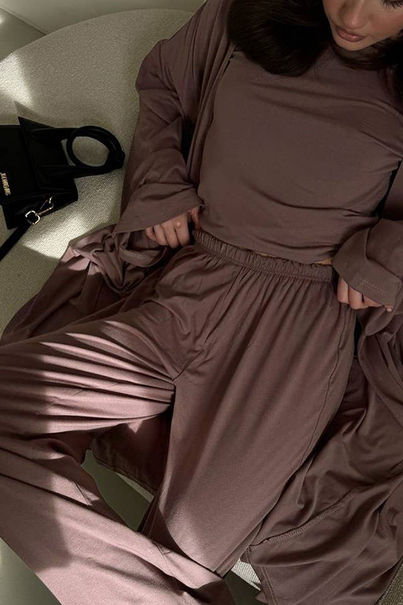 CWSPJ450_SOLID COLOR LONG-SLEEVED KNITTED PAJAMAS SET