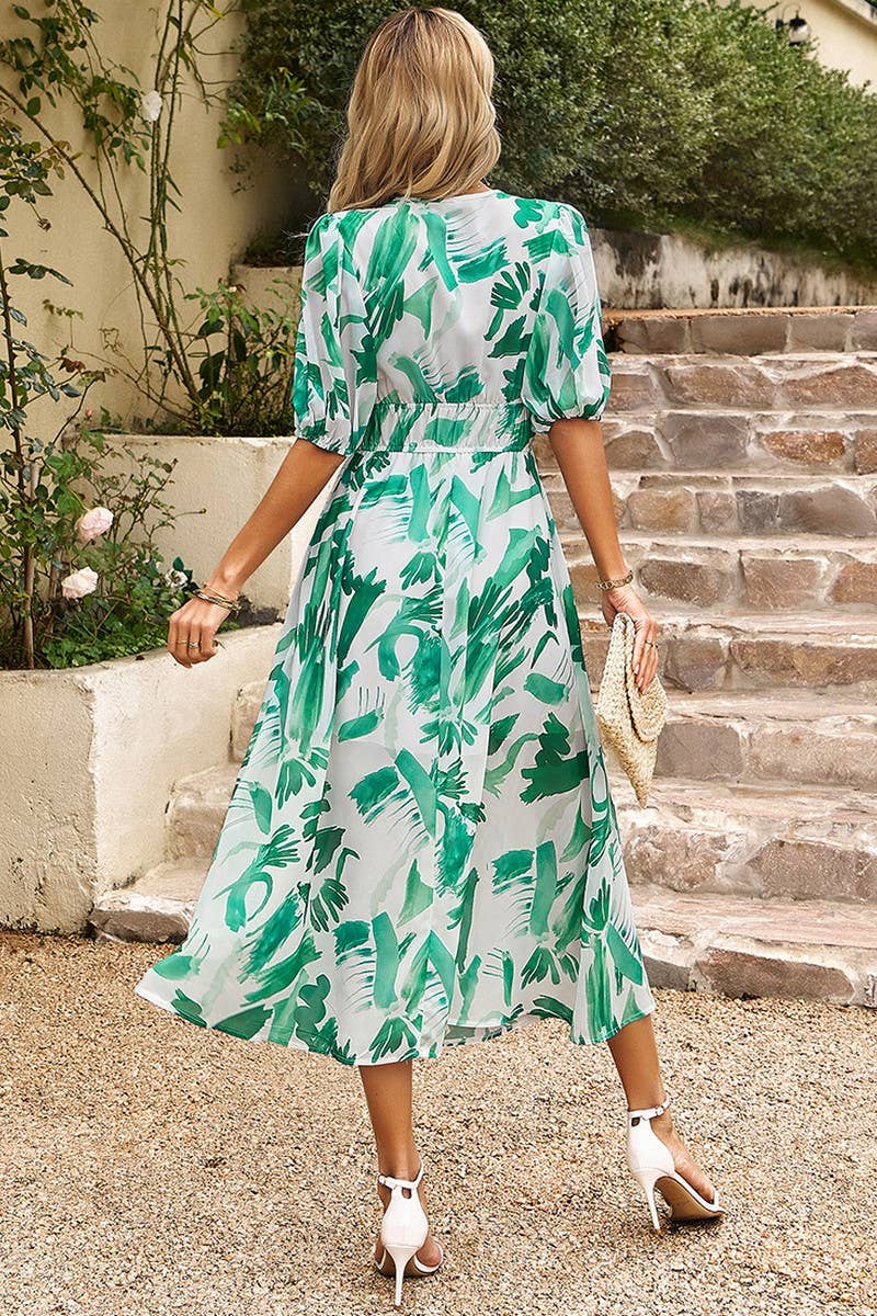 CWDMD0999_Deep V-Neck Short Sleeve Floral Print Dresses