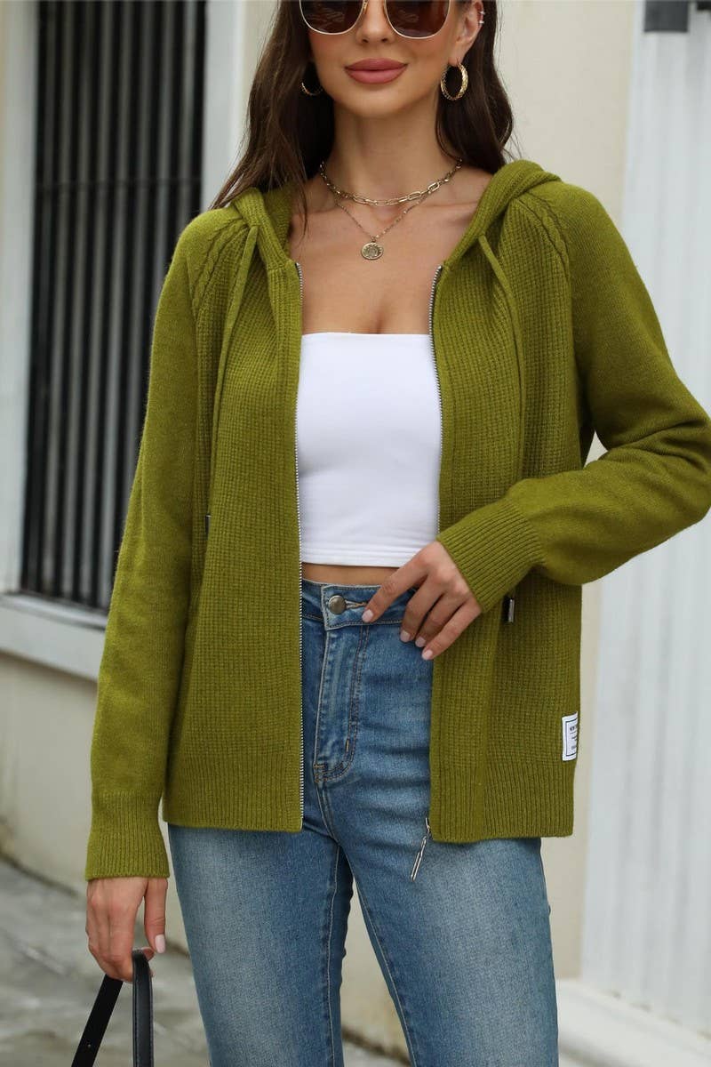 CWOCAL1615_HOODED DRAWSTRING ZIPPER KNIT CARDIGAN