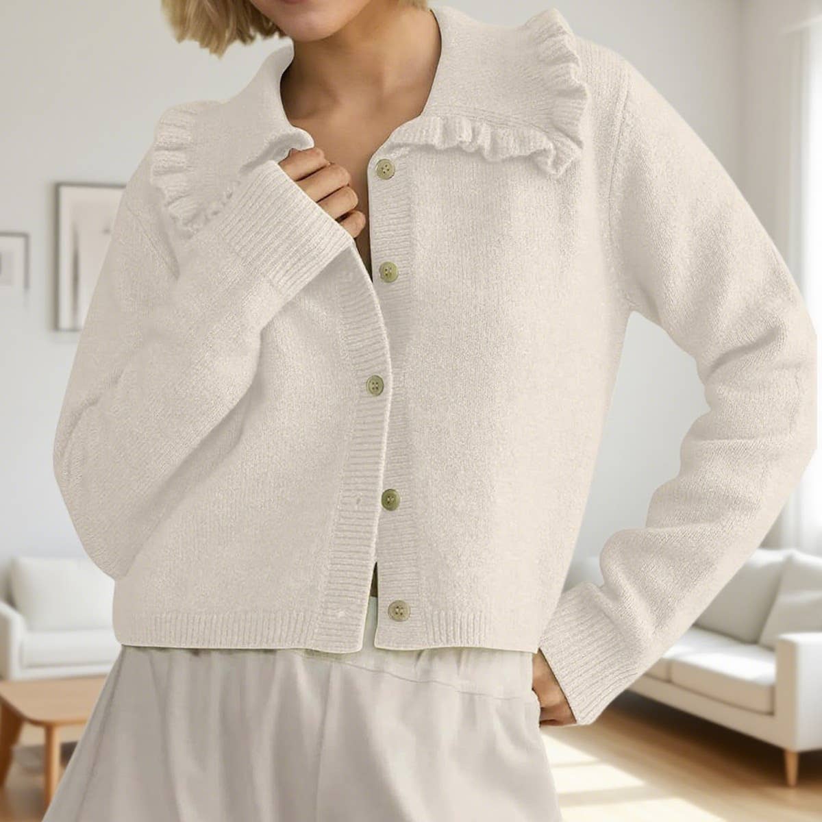 Doll collar solid color single breasted cardigan