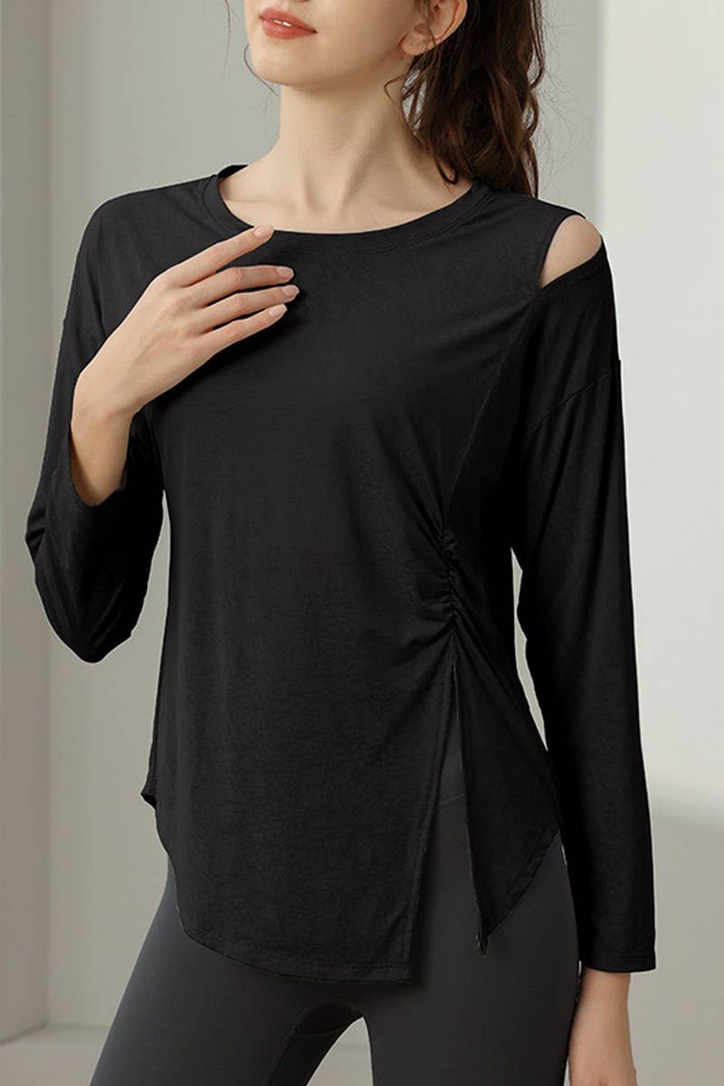 CWTBLL1592_JADE JACQUARD SLIT LOOSE SPORTS YOGA TOP