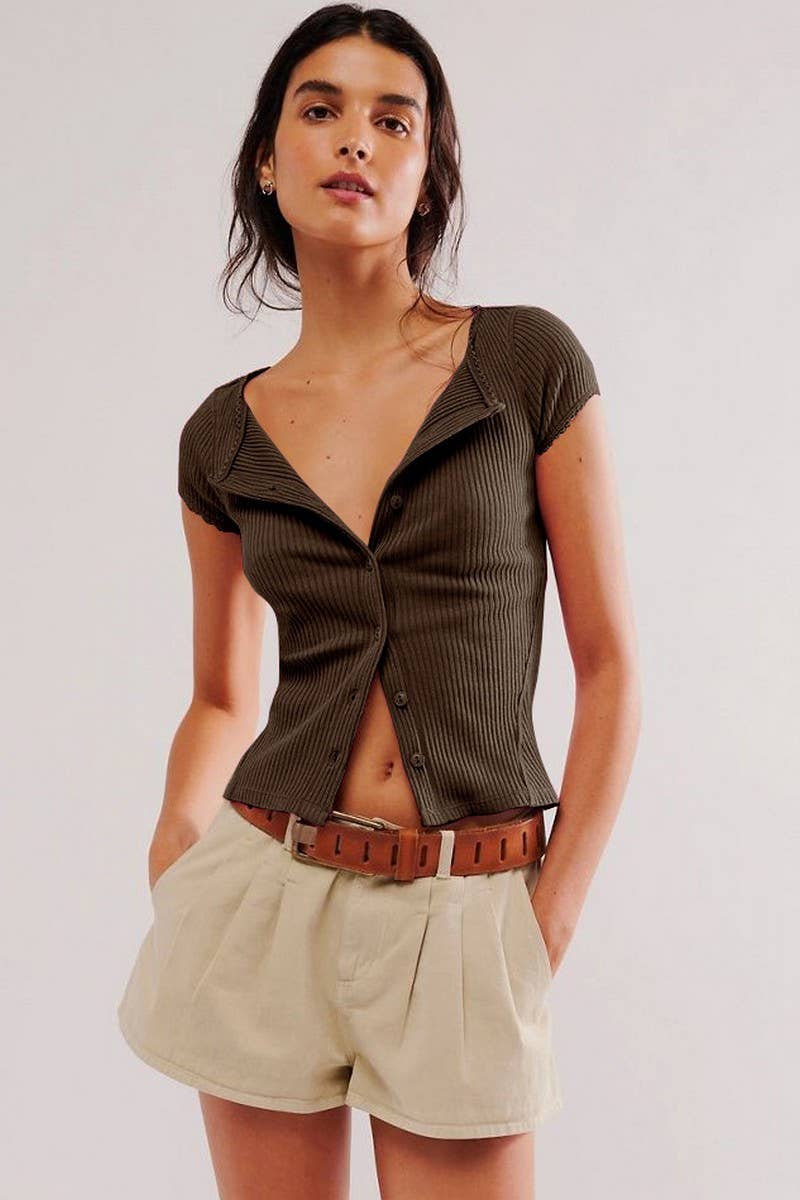 CWTBLS1774_THREADED BUTTON SHORT SLEEVE CARDIGAN TOP