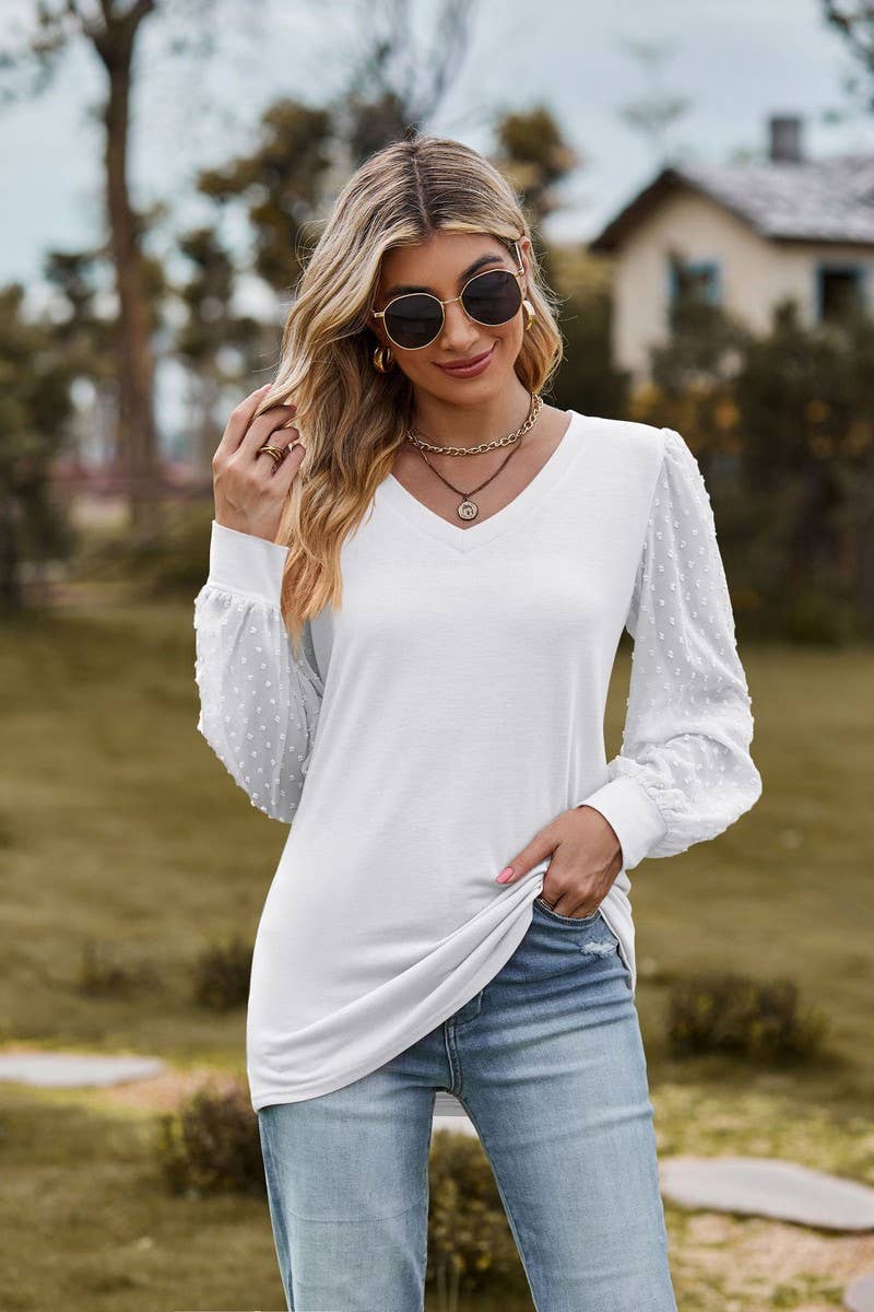 CWTBLL1047_LONG-SLEEVED V-NECK MESH PATCHWORK LOOSE TOP