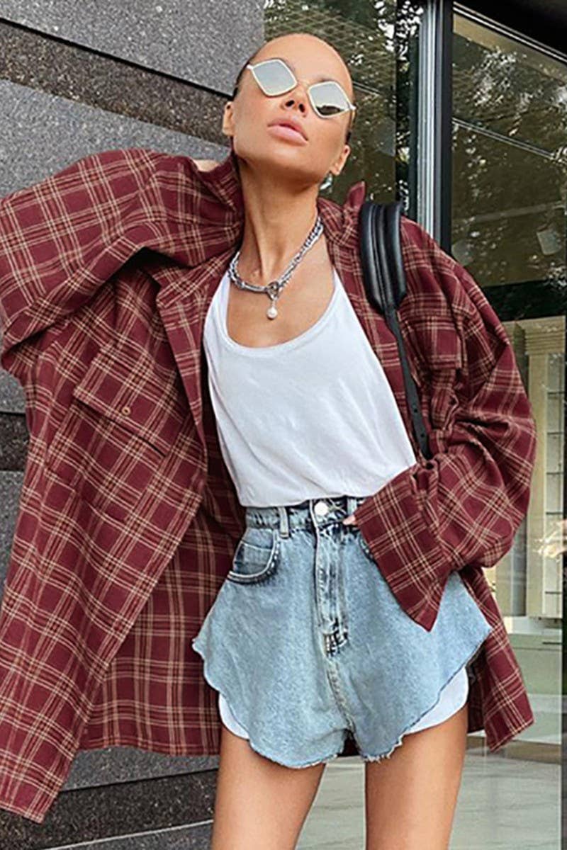 CWTSTL2598_RETRO RED PLAID LOOSE LONG-SLEEVED SHIRT