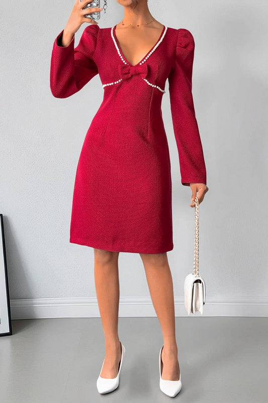 CWDSD10579_VINTAGE BOW PEARL DEEP V RED LONG SLEEVE DRESS