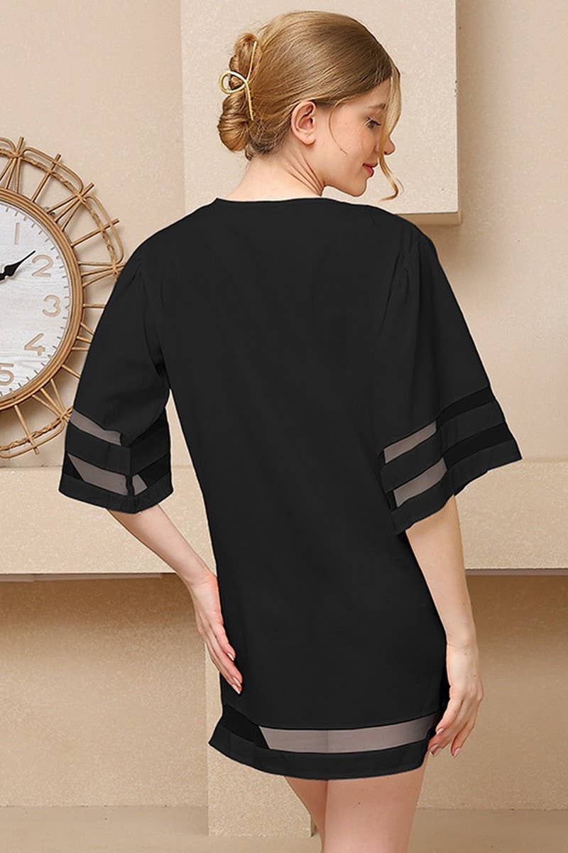 CWDSD7976_CHIFFON MESH PATCHWORK FLARE SLEEVE LOOSE DRESS