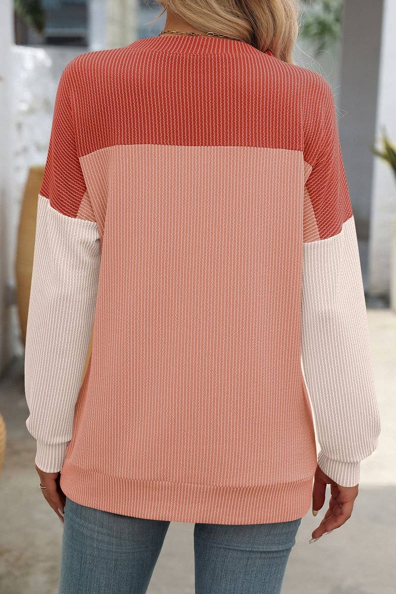 CWTBLL1490_ROUND NECK TWIST COLOR BLOCK LONG SLEEVE T-SHIRT