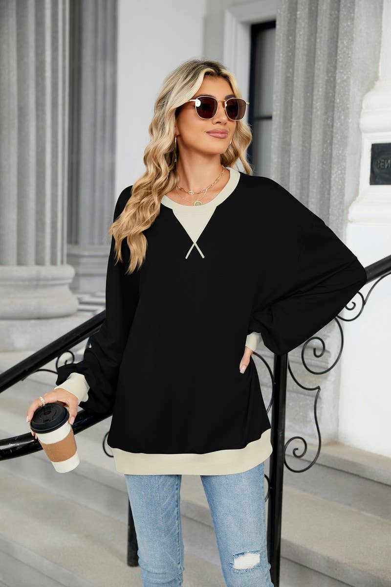 CWTBLL3743_AUTUMN AND WINTER CONTRAST COLOR LOOSE SWEATSHIRT