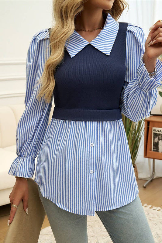 CWTBLL2772_FAKE TWO-PIECE STITCHING PUFF SLEEVE SHIRT