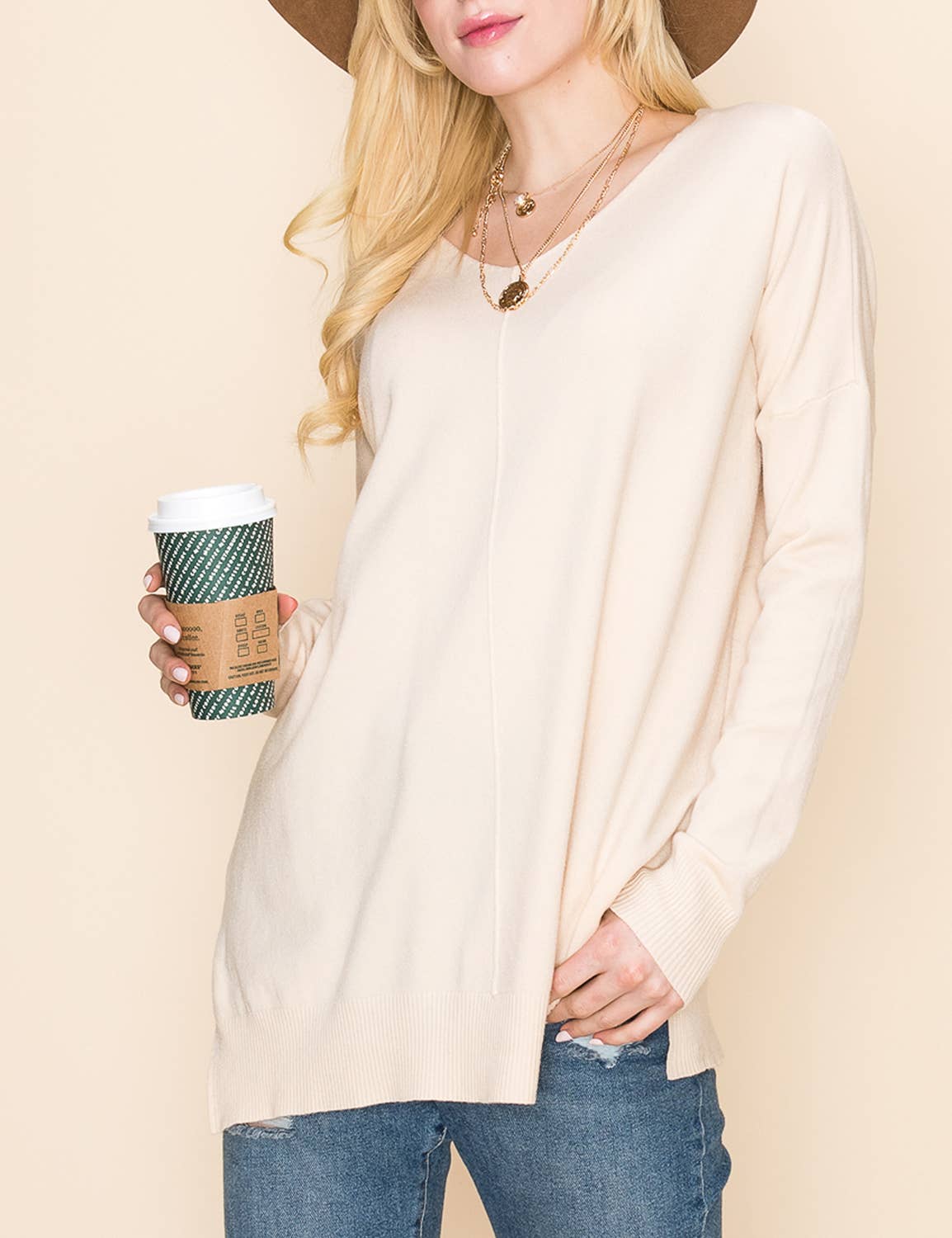 CWOSWL1826_V NECK LOOSE FIT TUNIC LENGTH SOFT SWEATER TOP
