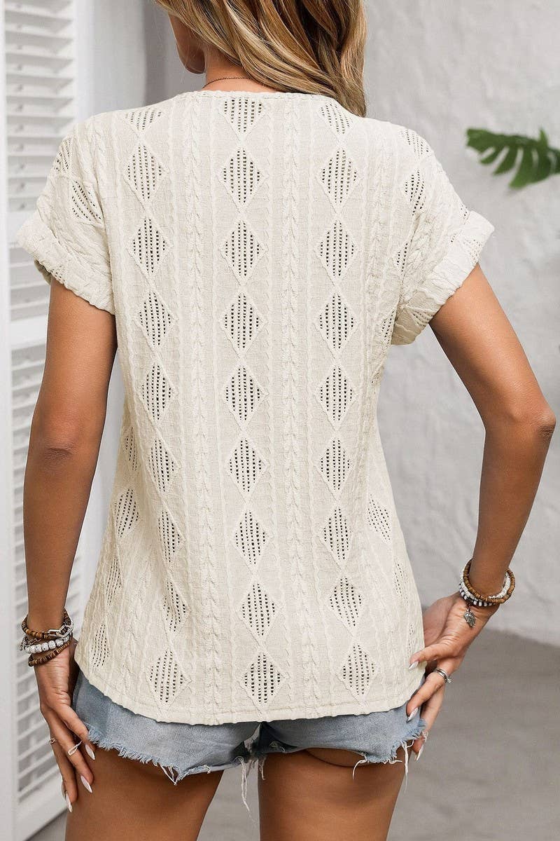 CWTBLS1618_SOLID COLOR V-NECK SHORT SLEEVE BUTTON TOP