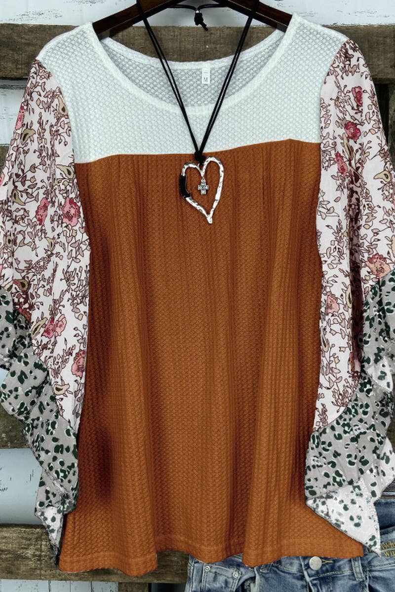 CWTBLS2231_COLORBLOCK PRINT BATWING SLEEVE WAFFLE TOP