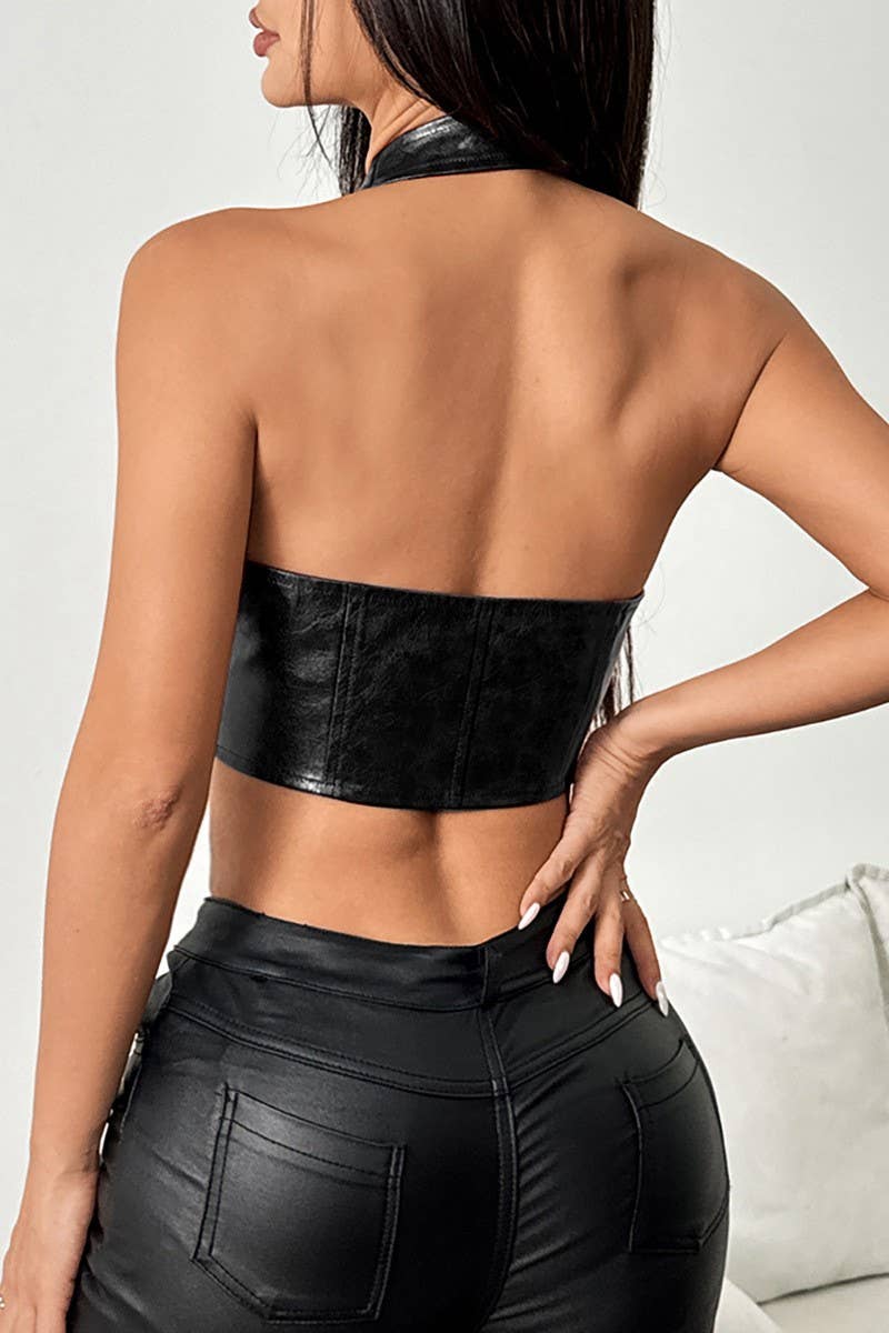 CWTHT0162_LOW-CUT HALTER NECK LACE-UP PU LEATHER VEST