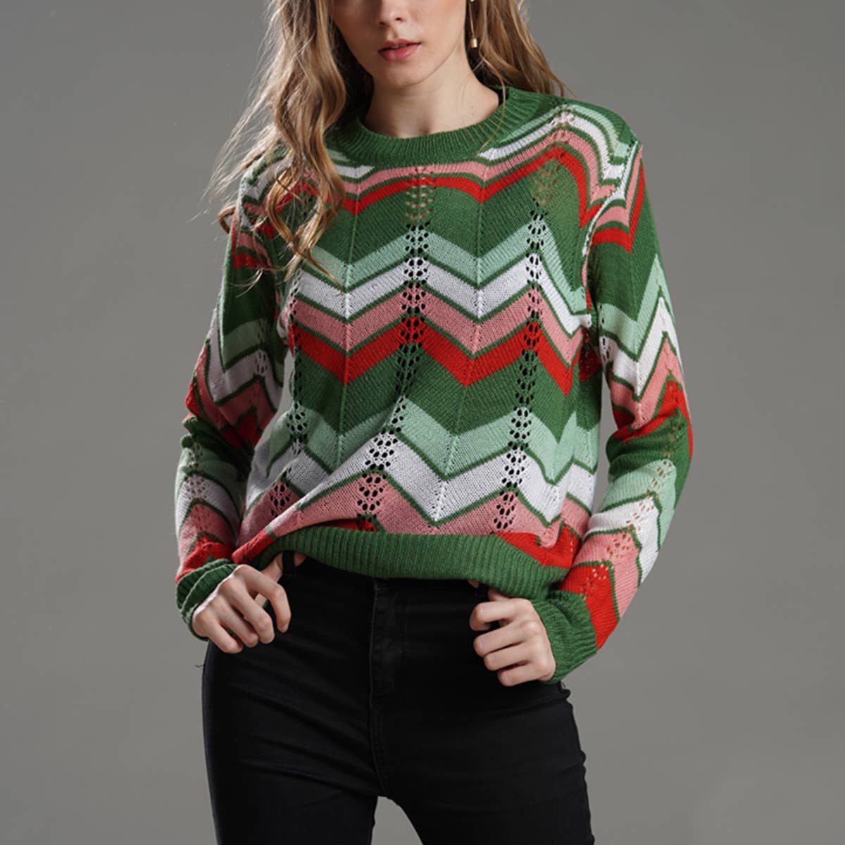 Crew neck sweater pullover striped rainbow top