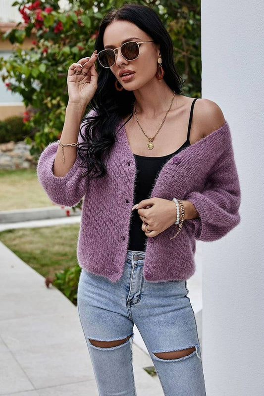 CWOCAL0792_V-NECK 3/4 SLEEVES SHORT KNITTED CARDIGAN