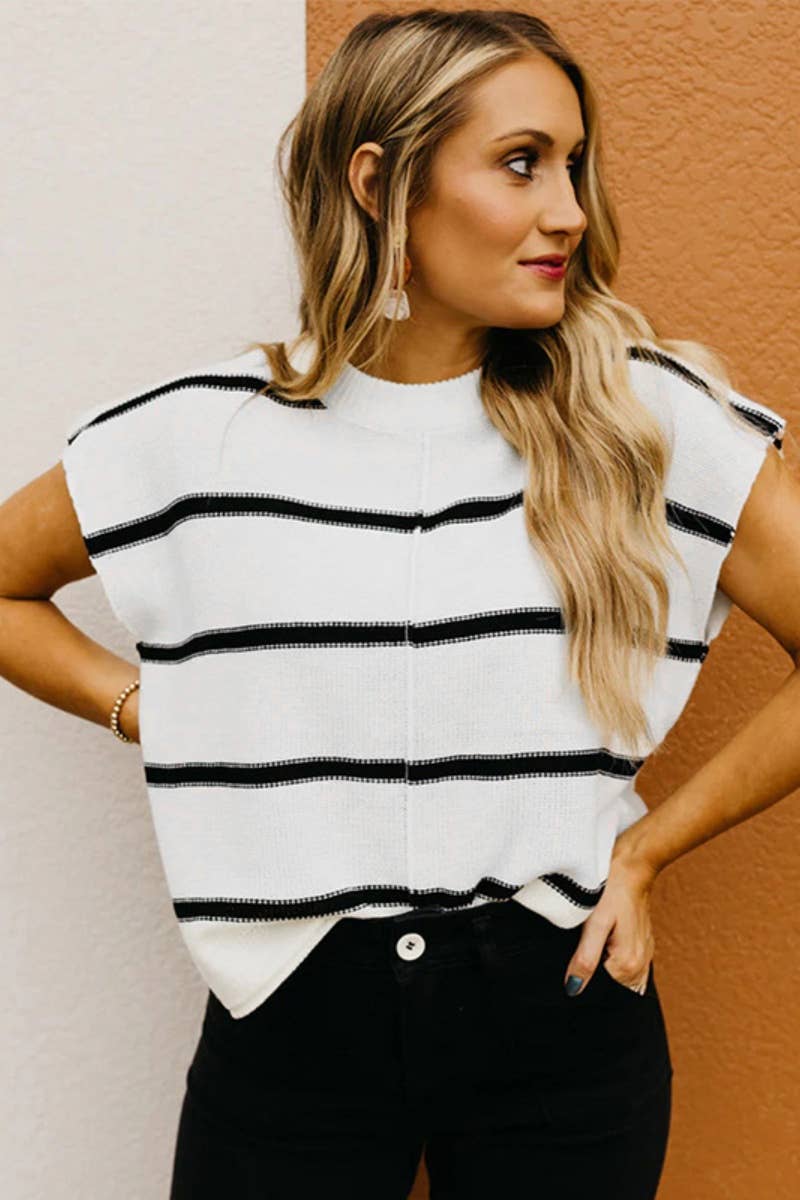 CWOSWSL0144_CASUAL CREW NECK STRIPED SLEEVELESS SWEATER VEST