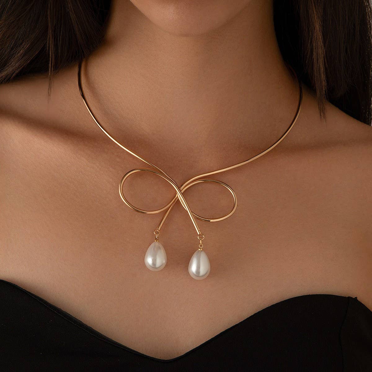 WATERDROP IMITATION PEARL FASHION METAL NECKLACE
