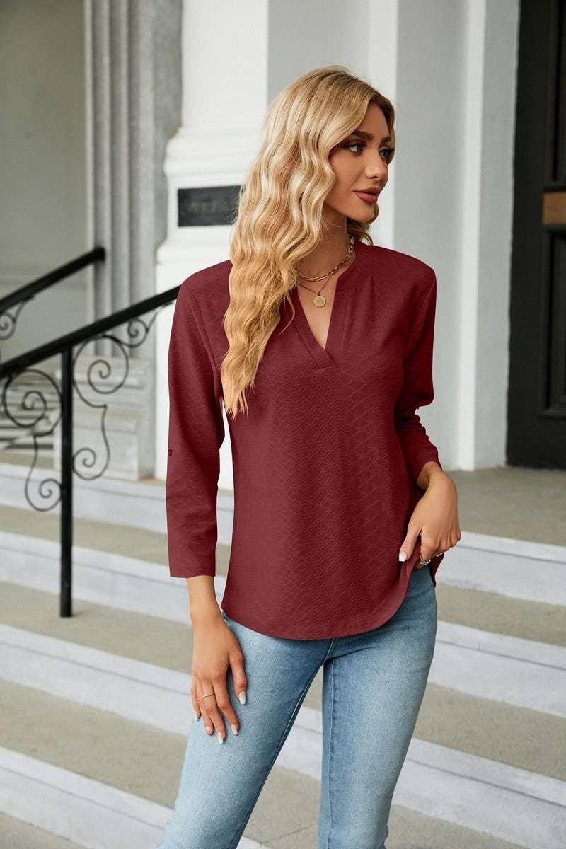 CWTBLL0884_V-NECK BUTTON-DOWN LONG-SLEEVED LOOSE TOP