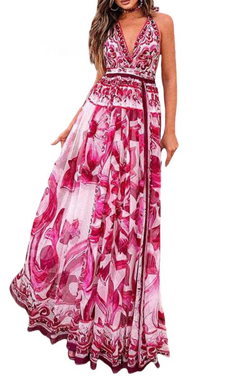 CWDHL0324_PRINTED HALTER BACKLESS NECK LONG DRESS