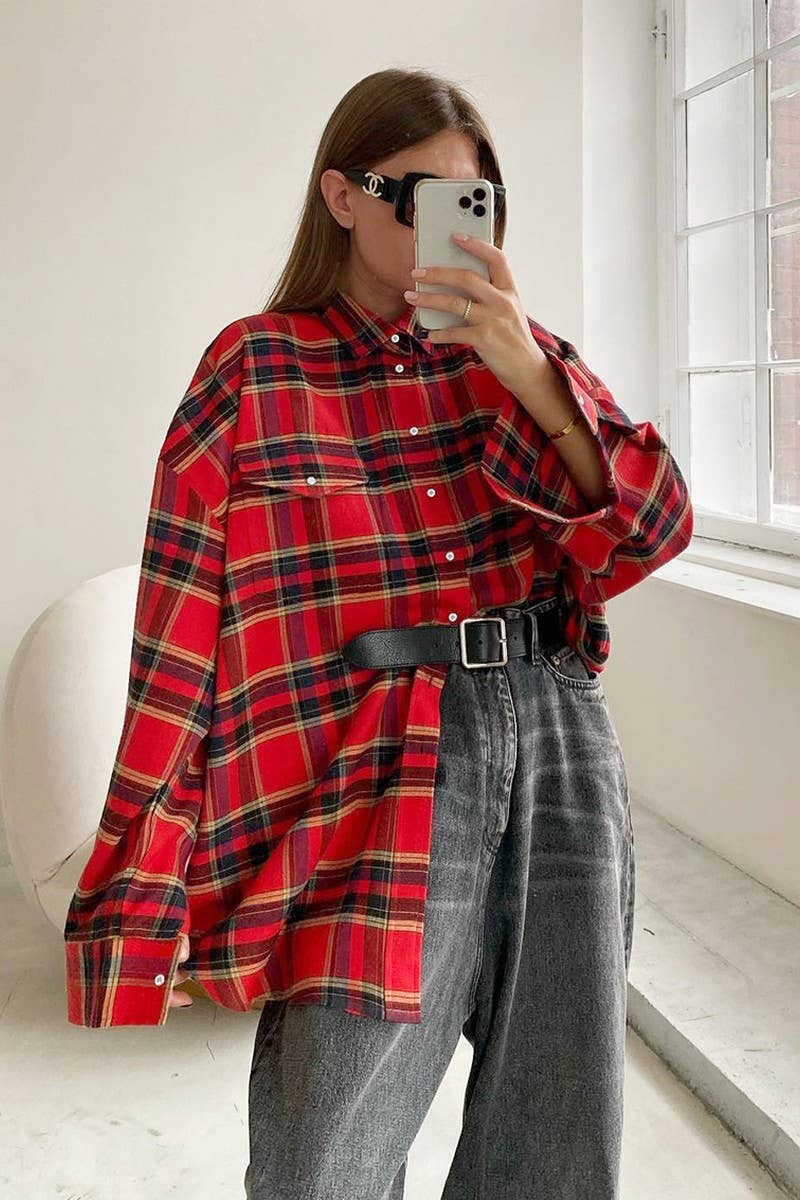 CWTBLL3354_RETRO PLAID LOOSE LONG-SLEEVED SHIRT TOP