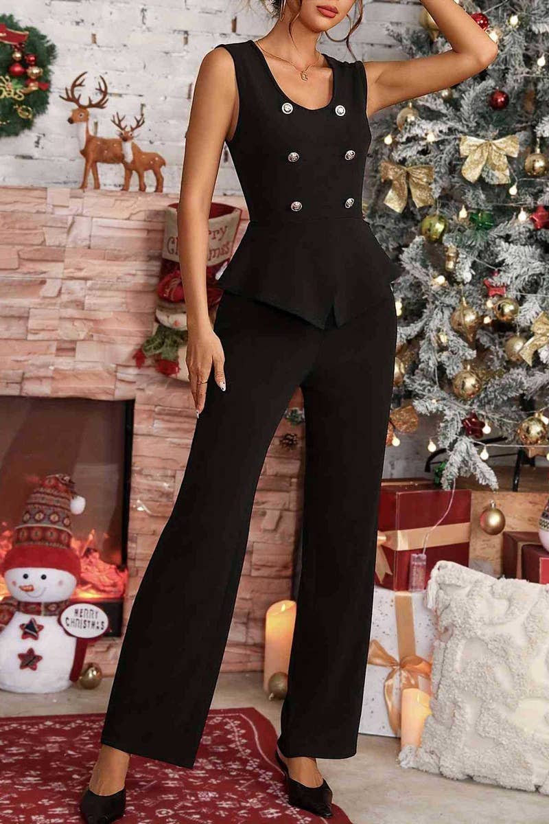 CWSS1130_TEMPERAMENT U-NECK VEST AND TROUSERS TWO-PIECE SET