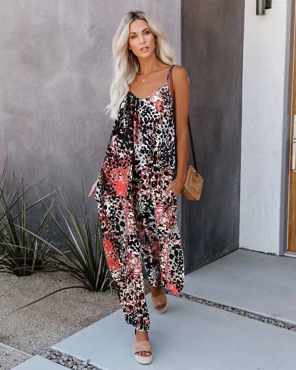 Abstract printed strappy sexy wide-leg jumpsuit