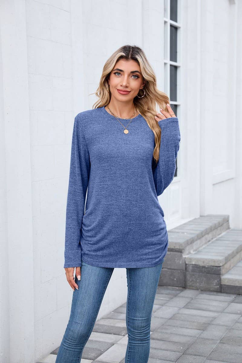 CWTBLL01304_COLORBLOCK RUCHED LONG SLEEVE CASUAL T SHIRT