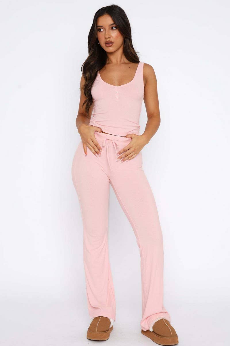 CWSTB2042_SLEEVELESS BUTTON-UP TOP & EXTENDED PANTS SET