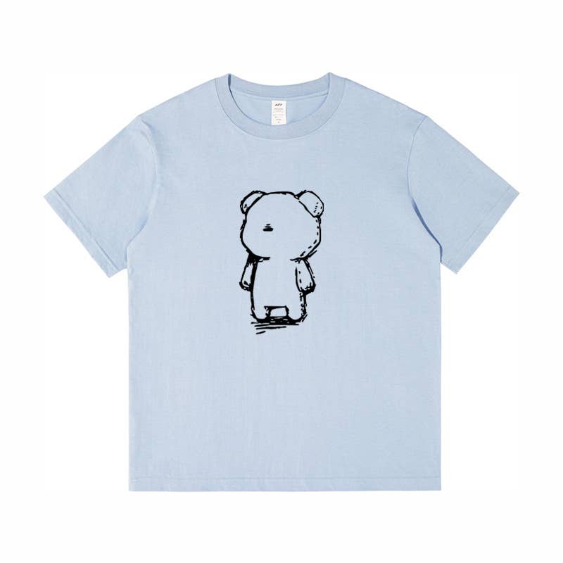 CWTTS0953_BLACK AND WHITE BEAR PRINT LOOSE CASUAL T SHIRT