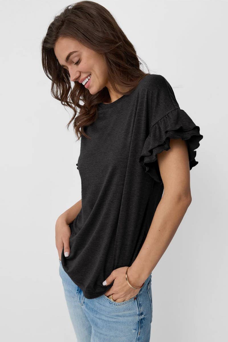 CWTBLS1620_SOLID COLOR ROUND NECK RUFFLE SLEEVE TOP