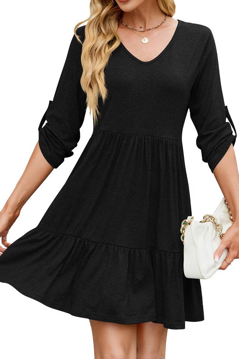 CWDSD8726_SOLID V-NECK BUTTON CASUAL DRESS