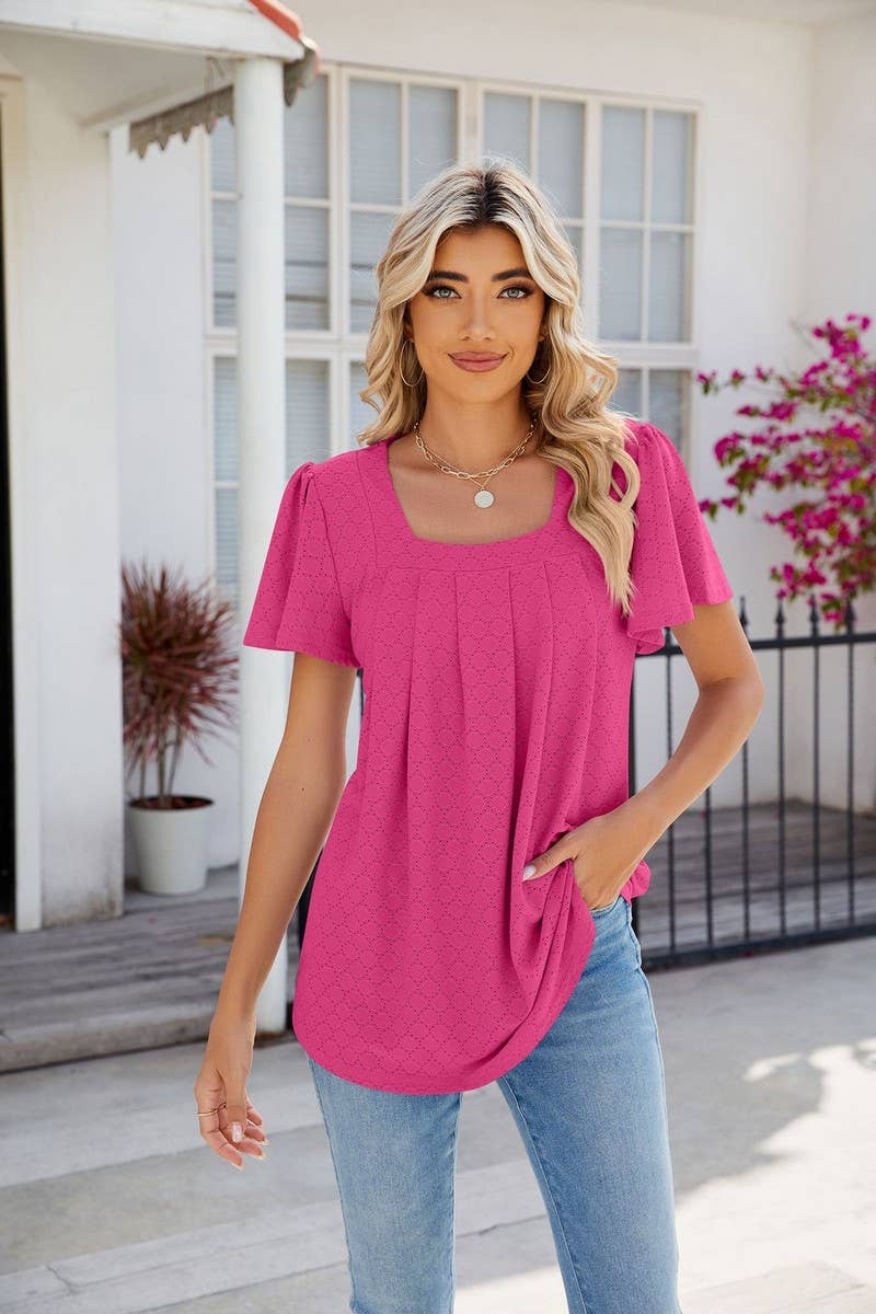 CWTTS0813_Squre Neck Short Ruffle Sleeve Knit Top