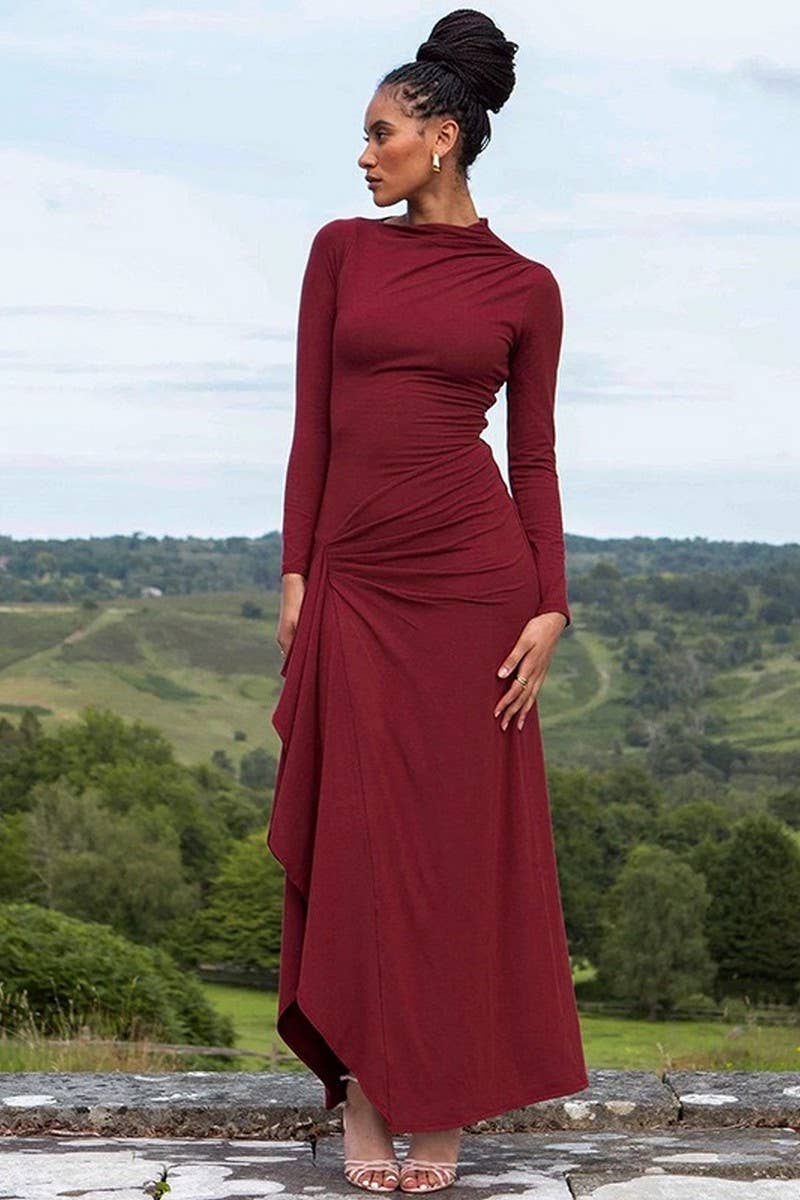 CWDMD01200_SOLID COLOR ROUND NECK IRREGULAR SLIT SLIM DRESS