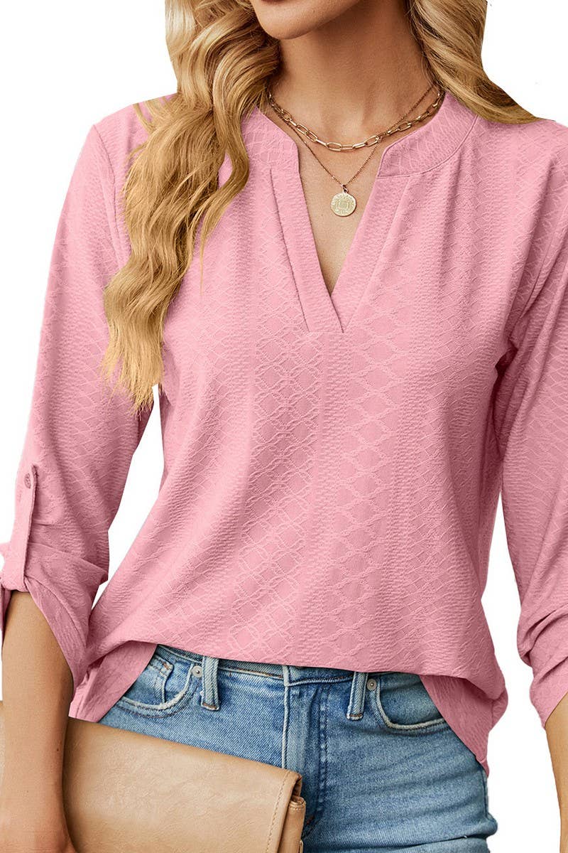 CWTBLL0884_V-NECK BUTTON-DOWN LONG-SLEEVED LOOSE TOP