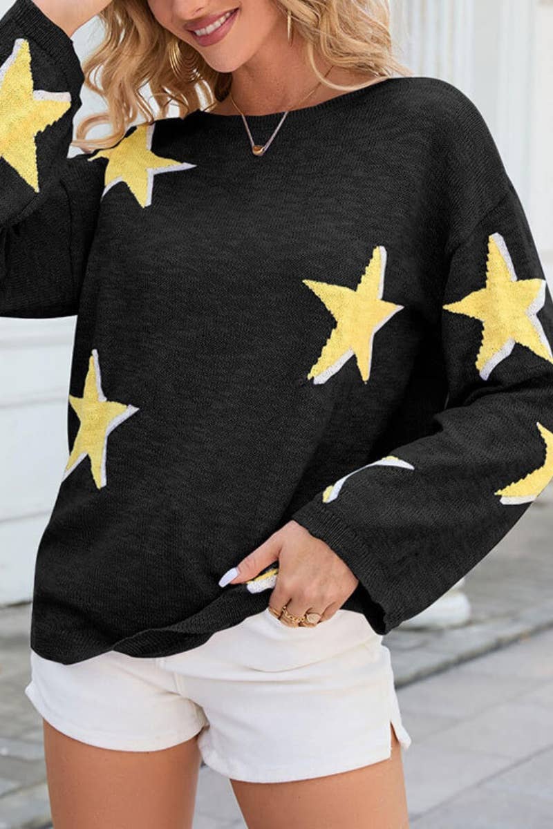 CWOSWL5205_FALL CREW NECK KNITTED STAR LONG SLEEVE SWEATER