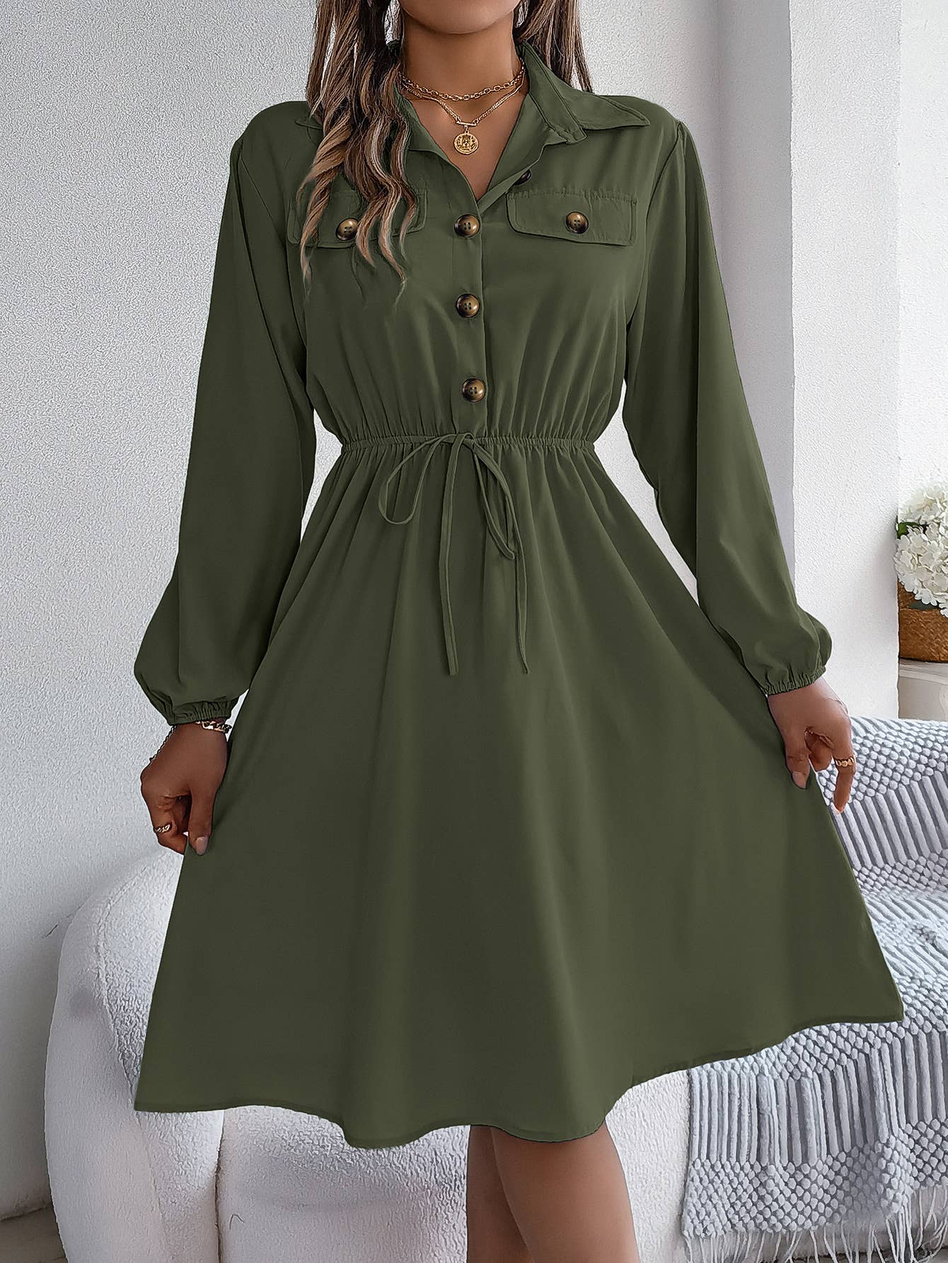 CASUAL BUTTON-UP WAIST LONG SLEEVE SHIRT DRESS