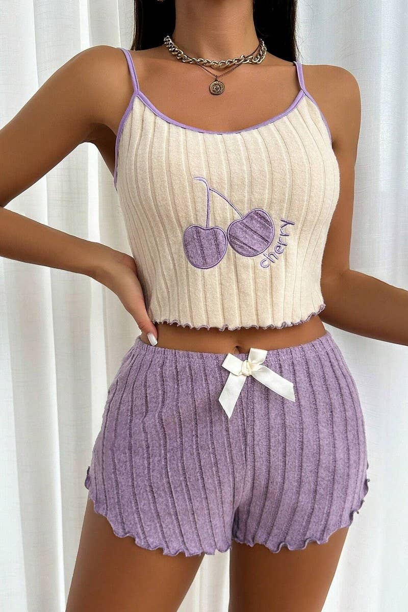 CWSPJ00469_EMBROIDERED FLANNEL CAMI PAJAMA SHORTS SET