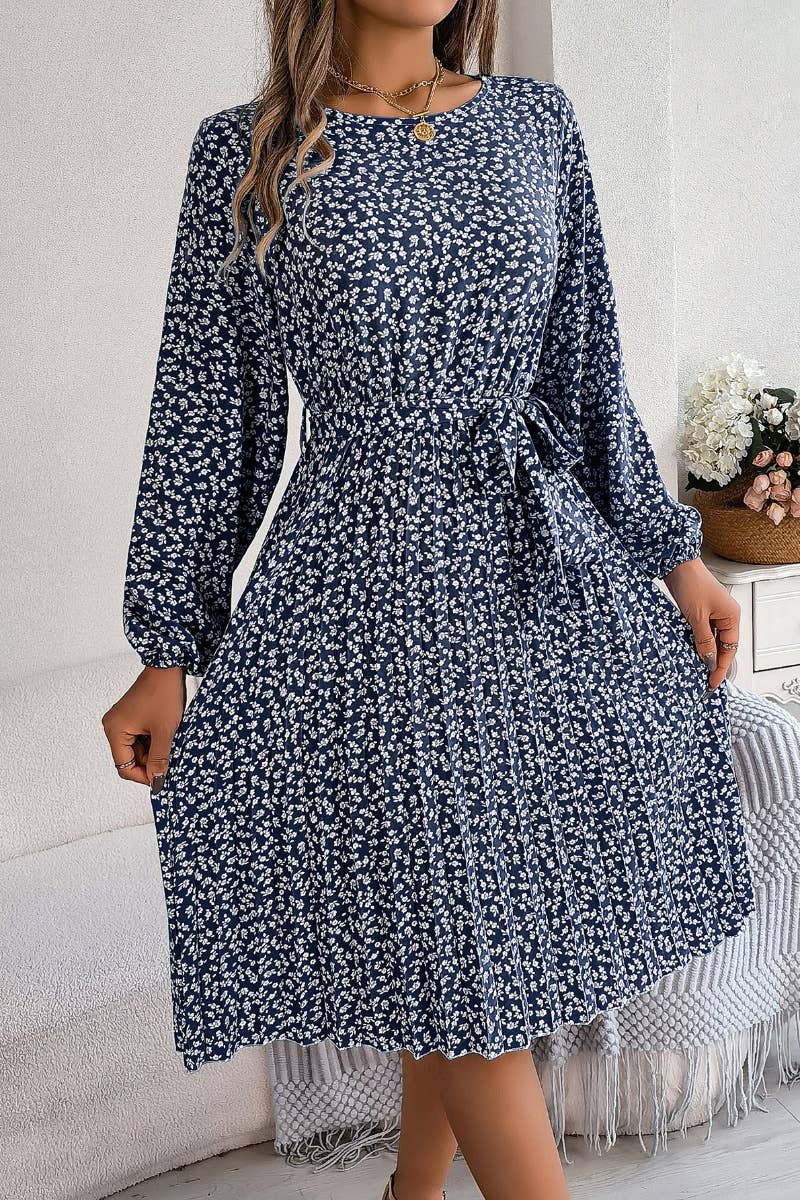 CWDSD4657_LONG-SLEEVED FLORAL PLEATED ONE-PIECE SKIRT