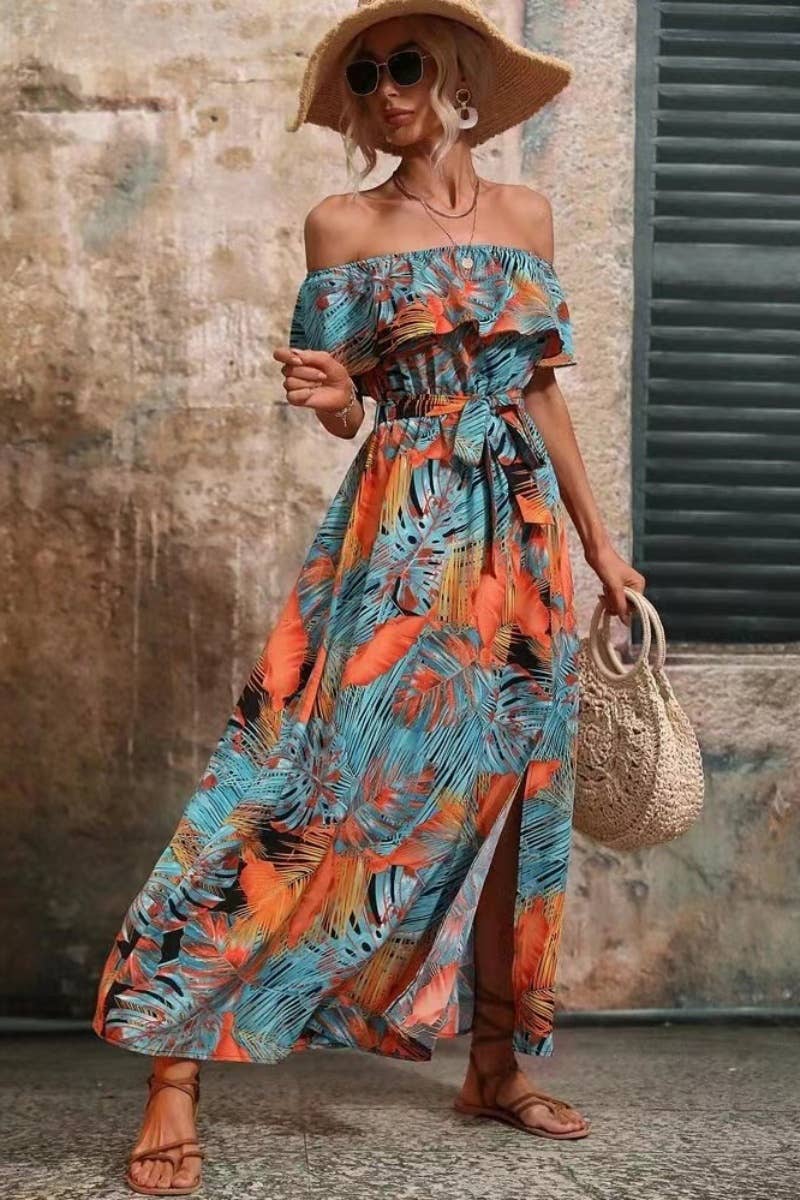 CWDMD1910_ONE-LINE SHOULDER PRINT SLIT WAIST LONG DRESS