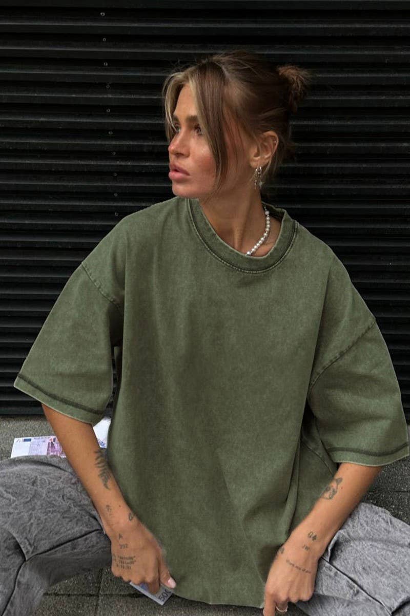 CWTTS1176_ROUND NECK WASHED DISTRESSED SHORT SLEEVE T-SHIRT