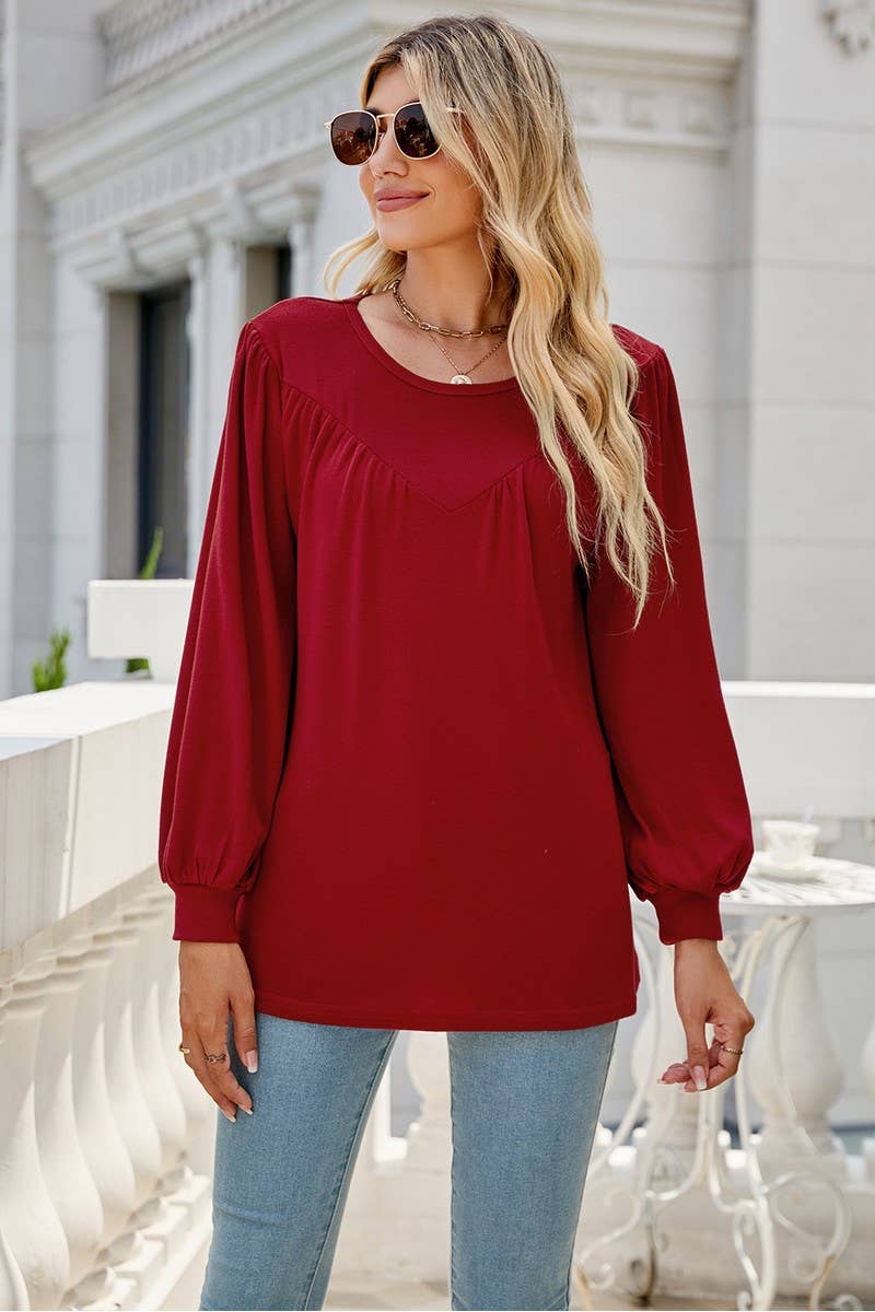 CWTBLL3690_LOOSE CREW NECK CASUAL PLEATED TOP